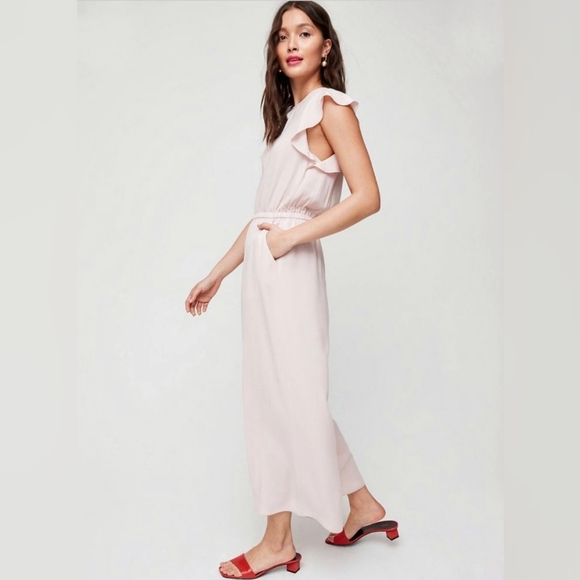 NWOT Aritzia Wilfred Ruffle Sleeve Pink Blush Fleurette Wide Leg Jumpsuit sz. L - Picture 3 of 14